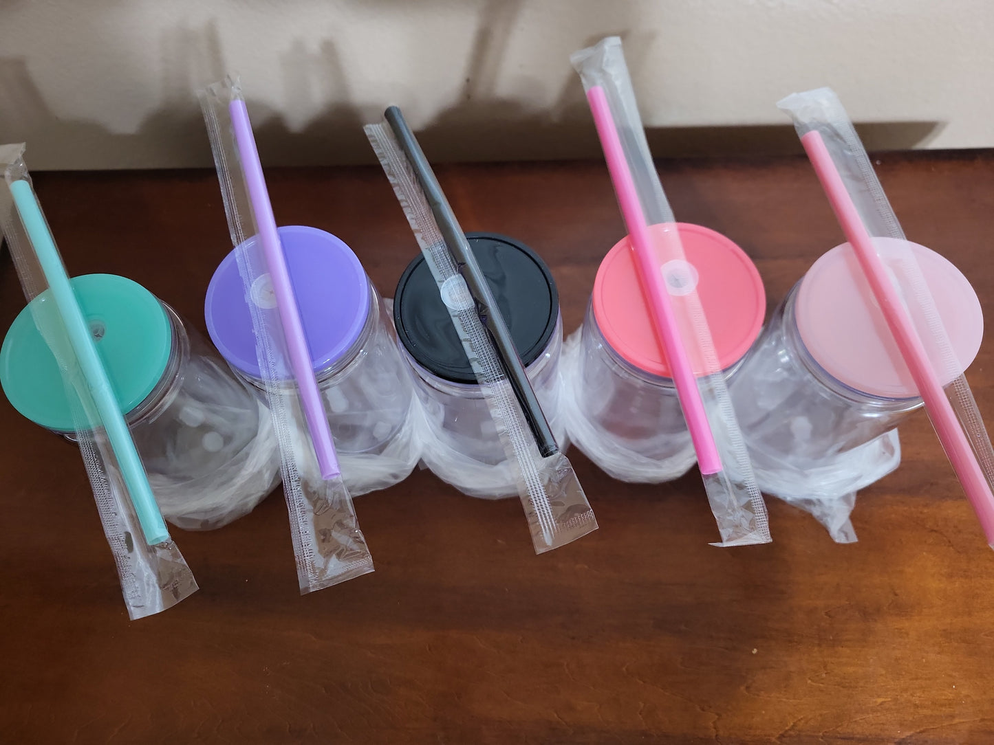 12oz  Pre-drilled Blank Acrylic Snowglobe Cups 16oz outer wall double wall 5 pack 5 colors comes with straw and a plug